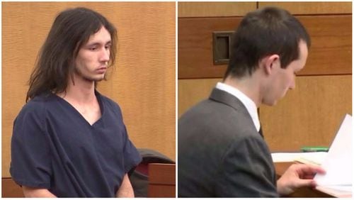 Jeffrey Hazelwood is charged with murder in the deaths of Natalie Henderson and Carter Davis, both 17, behind a Roswell grocery store. He is shown in court last year (left) and May 3, 2017.