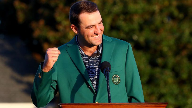 Scottie Scheffler reacts after he won the Masters golf tournament at Augusta National Golf Club on Sunday, April 10, 2022, in Augusta. (Curtis Compton / Curtis.Compton@ajc.com)
