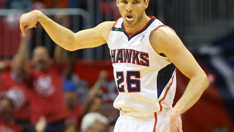 050114 ATLANTA: Hawks Kyle Korver reacts to hitting a three pointer against the Pacers during the first half of their First Round Game 6 contest on Thursday, May 1, 2014, in Atlanta. CURTIS COMPTON / CCOMPTON@AJC.COM