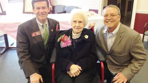 Runell Brooks Foster, seen here with State Rep. Brett Harrell and Snellville Councilman Bobby Howard in 2014, died Friday. She was 110. FILE PHOTO