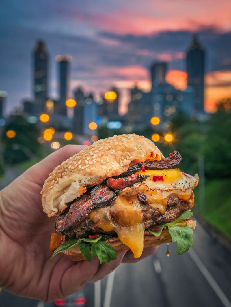 Lauren Holley shot this image of her winning burger against the Atlanta skyline from the Jackson Street Bridge. Courtesy of Lauren Holley