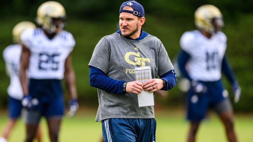 Georgia Tech linebackers coach and special-teams coordinator Jason Semore at the team's first day of spring practice in February 2022. (Danny Karnik/Georgia Tech Athletics)