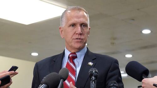 FILE - In this April 7, 2017 file photo, Sen. Thom Tillis, R-N.C., speaks to reporters on Capitol Hill in Washington. Tillis collapsed Wednesday, May 17, 2017, during Washington race and was taken away in ambulance. (AP Photo/Susan Walsh, File)