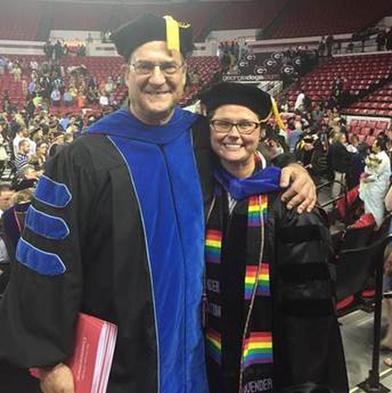 UGA professor Peter Smagorinsky with With doctoral advisee Stephanie Shelton at the 2016 graduation.
