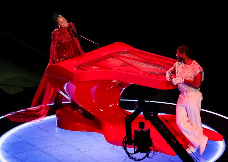 Alicia Keys, left, and Usher perform during the halftime show at Super Bowl LVIII at Allegiant Stadium on Sunday, Feb. 11, 2024, in Las Vegas. (Ellen Schmidt/Las Vegas Review-Journal/TNS)