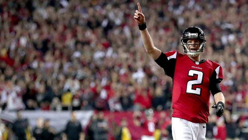 Matt Ryan #2 of the Atlanta Falcons reacts after a touchdown in the fourth quarter against the Green Bay Packers in the NFC Championship Game at the Georgia Dome on January 22, 2017 in Atlanta, Georgia.