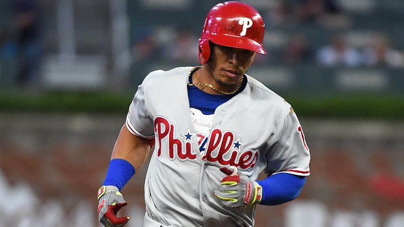 Cesar Hernandez #16 of the Philadelphia Phillies rounds the bases after hitting a solo home run in the fourth inning against the Atlanta Braves at SunTrust Park of the Philadelphia Phillies on June 15, 2019 in Atlanta, Georgia. (Photo by Logan Riely/Getty Images)