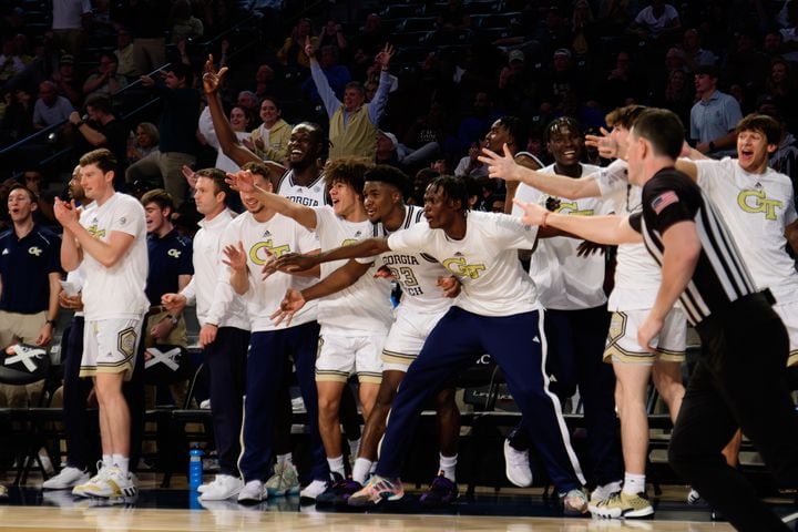 Georgia Tech's bench cheers during the win over Georgia Southern. (Jamie Spaar for the Atlanta Journal Constitution)