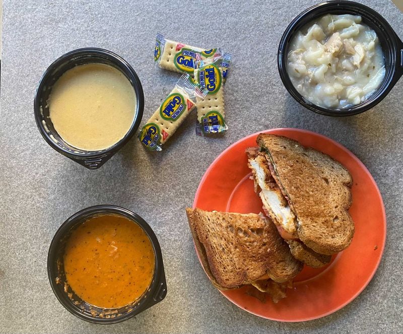 Selections from Gabriel's lunch menu include (clockwise from top left) squash soup, chicken and dumplings, fried chicken club sandwich and tomato-basil soup. Ligaya Figueras / ligaya.figueras@ajc.com