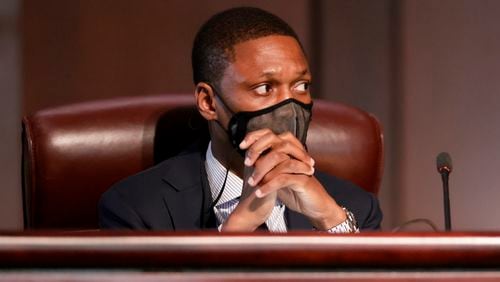 Council member Jason Winston during discussion as the Atlanta City Council held their first in person meeting since they were suspended at start of the pandemic In Atlanta on Monday, March 21, 2022.   (Bob Andres / robert.andres@ajc.com)