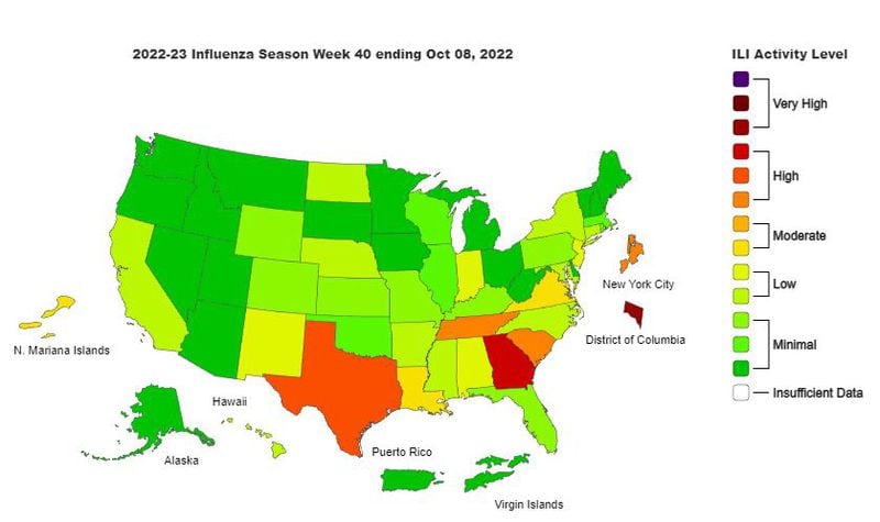 In the first week of October 2022, the Centers for Disease Control said Georgia was ranked second in flu activity, behind Washington D.C.