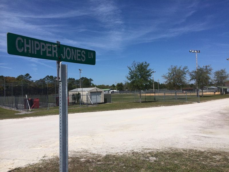 The youth baseball park in Pierson, Fla., sits off the roadway bearing a familiar name (Steve Hummer/AJC)