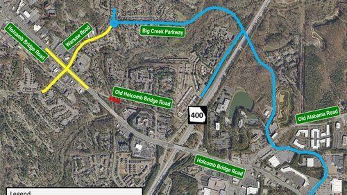 Roswell is re-starting the Big Creek Parkway project, a new road intended to relieve traffic congestion in the vicinity of the Holcomb Bridge Road/Ga. 400 interchange. CITY OF ROSWELL