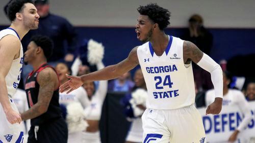 Georgia State Panthers guard Devin Mitchell (24) reacts to a forced turnover in the game between Arkansas State Red Wolves and the Georgia State Panthers. Georgia State defeated Arkansas State by the score of 79-75 in the GSU Sports Arena January 6, 2018, in Atlanta, Georgia.  (Photo by ) (Icon Sportswire via AP Images)