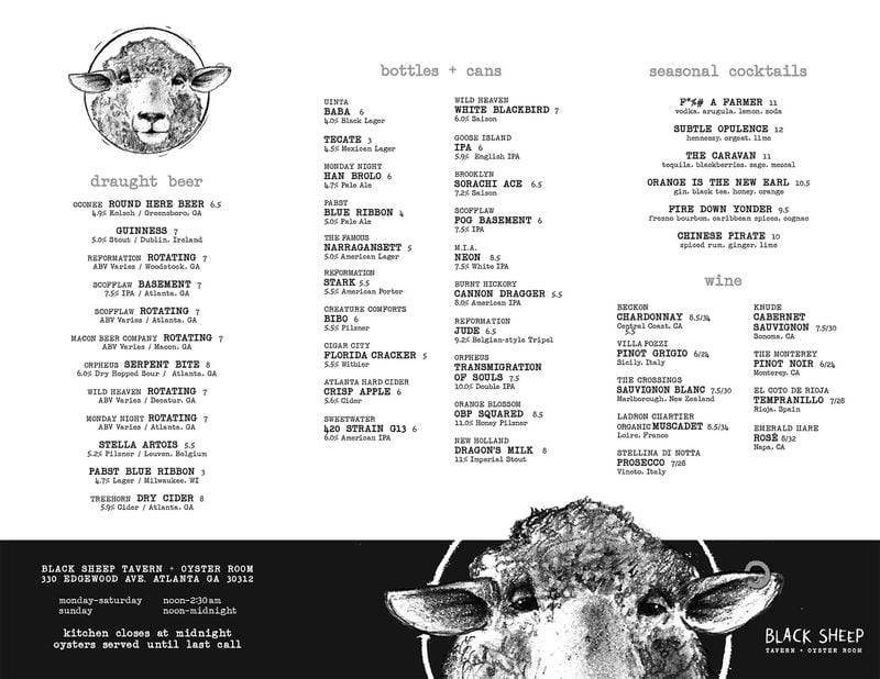 The drink menu for Black Sheep Tavern & Oyster Room