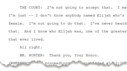 Superior Court Judge David Roper, left, refused a request from Rebeccah Elizabeth Feldhaus to change his name to Rowan Elijah Feldhaus. (Photo sources: judge's image downloaded from county website; detail of transcript from Feldhaus hearing; image of Feldhaus is a handout downloaded from projectq.us.)