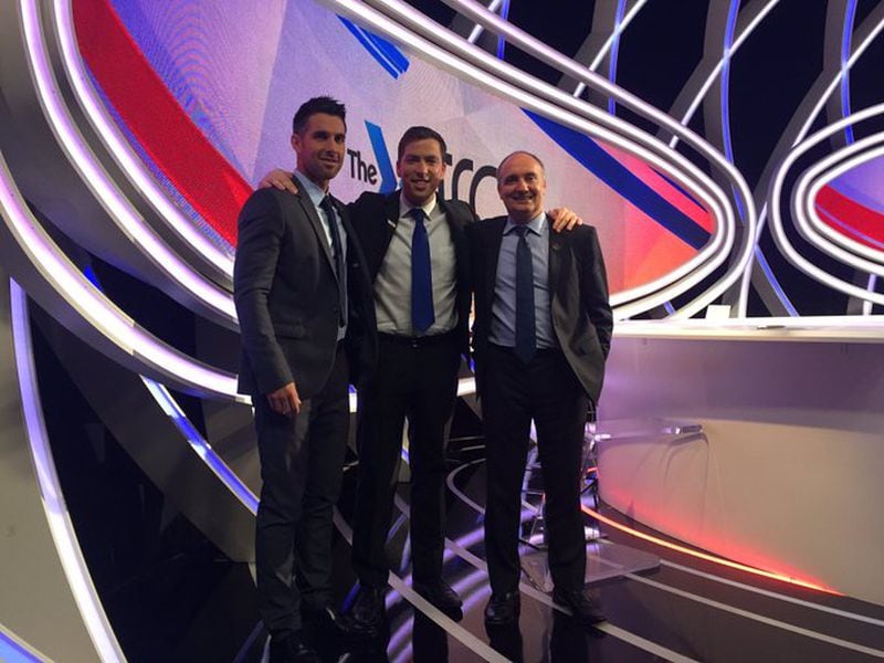 Kevin Egan's first time meeting Atlanta United President Darren Eales (right) and Vice President Carlos Bocanegra (left) happened at beIN's studios in Miami. (Courtesy of Kevin Egan)