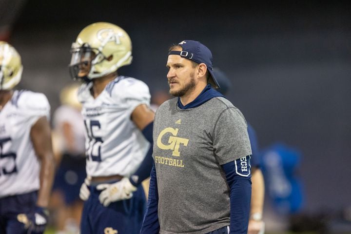 Linebacker coach Jason Semore watches a drill during the first day of spring practice for Georgia Tech football at Alexander Rose Bowl Field in Atlanta, GA., on Thursday, February 24, 2022. (Photo Jenn Finch)