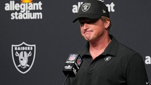 FILE - Then-Las Vegas Raiders head coach Jon Gruden speaks during a news conference after an NFL football game against the Chicago Bears, Sunday, Oct. 10, 2021, in Las Vegas. Gruden lost a Nevada Supreme Court appeal on Tuesday, May 14, 2024, in a contract interference and conspiracy lawsuit he filed against the league after he resigned from the Las Vegas Raiders in 2021. (AP Photo/Rick Scuteri, File)