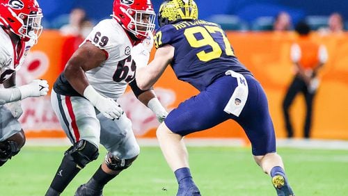Georgia offensive lineman Jamaree Salyer (69) had a huge game against Michigan and All-American defensive end Aidan Hutchinson in the College Football Playoff semifinal game at the Orange Bowl against at Hard Rock Stadium in Miami Gardens, Fla., on Friday, Dec. 31, 2021. (Photo by Tony Walsh)