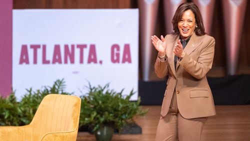 Vice President Kamala Harris speaks to students at Morehouse College in Atlanta in September. She's returning to the city on Saturday to watch her alma mater, Howard University, play in the Celebration Bowl against Florida A&M University. (Arvin Temkar/arvin.temkar@ajc.com)