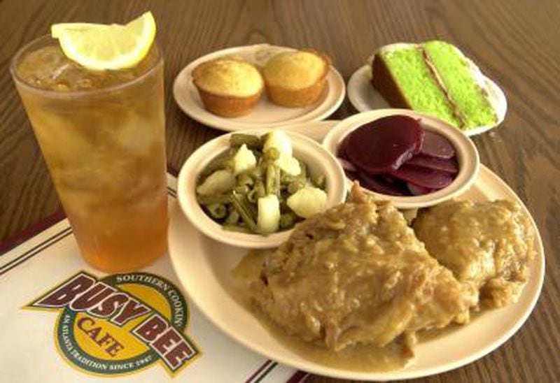 Smothered chicken, beets, green beans, corn bread, iced sweet tea and Key Lime cake from the Busy Bee Cafe.