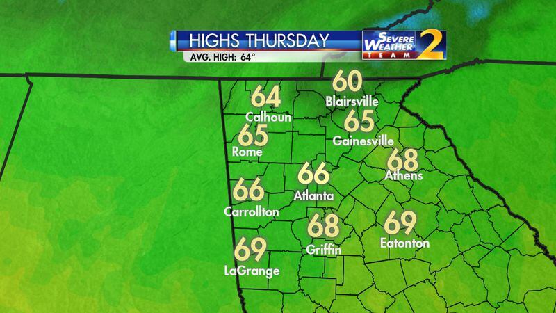 Atlanta is expected to hit a high of 66 degrees on Thursday as the warmup continues. (Credit: Channel 2 Action News)