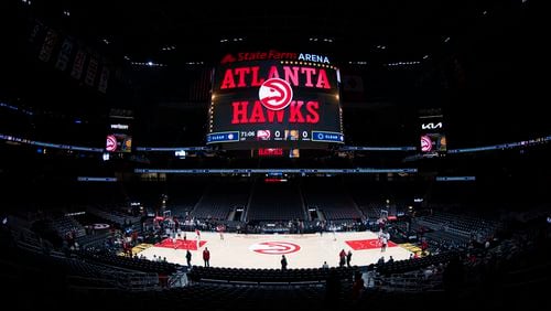 State Farm Arena is viewed before an NBA basketball game between the Atlanta Hawks and the Indiana Pacers, Saturday, March 25, 2023, in Atlanta. (AP Photo/Hakim Wright Sr.)