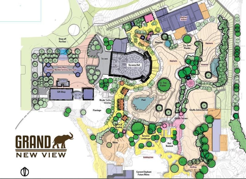 A site plan shows planned changes at Zoo Atlanta, including a new entrance plaza, the refurbished Savanna Hall and an expanded elephant habitat. CONTRIBUTED BY ZOO ATLANTA