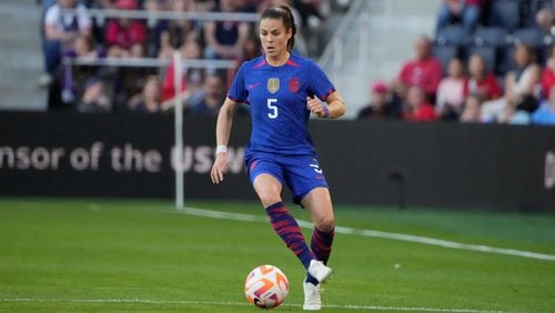 United States' Kelley O'Hara in action during the first half of an international friendly soccer match against Ireland Tuesday, April 11, 2023, in St. Louis. (AP Photo/Jeff Roberson)