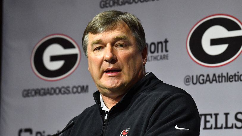 Georgia coach Kirby Smart speaks during a press conference at the Butts-Mehre building ahead of spring practice, Tuesday, March 14, 2023, in Athens. (Hyosub Shin / Hyosub.Shin@ajc.com)