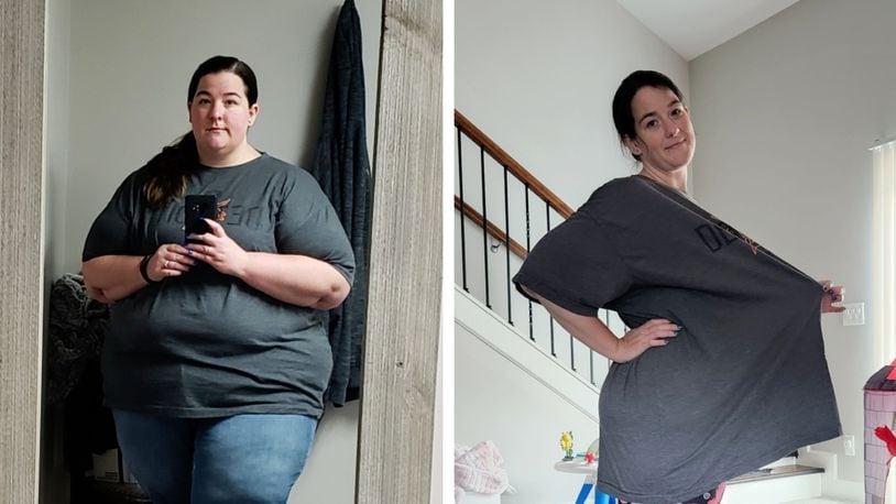 The photo of Jaci Wright on the left was taken in April 2019. A month earlier, she received a diagnosis of diabetes, with an A1C of 11.3. She responded by buying a Fitbit. “Diabetes saved my life, which is really weird to say, but it motivated me when nothing else did," Wright said. "By my one-year celebration, I was down 150 pounds.” The photo on the right was taken earlier this year, and Wright is no longer considered diabetic. (Photos contributed by Jaci Wright).