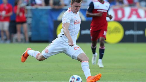 Atlanta United’s Julian Gressel clears a ball during a game against   FC Dallas at Toyota Stadium July 4, 2018 in Frisco, Texas.  (Photo/Richard W. Rodriguez)