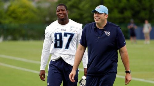 Tight end Jonnu Smith and coach Arthur Smith are reuniting in Atlanta. They both worked for the Titans. (AP file photo/Mark Humphrey)