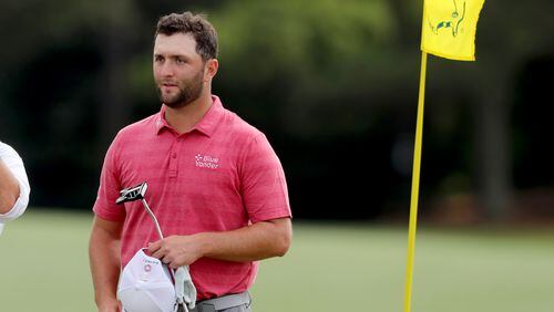 Jon Rahm reacts after finishing his final round on the 18th green during the Masters Tournament Sunday, April 11, 2021, at Augusta National Golf Club in Augusta. (Curtis Compton/ccompton@ajc.com)