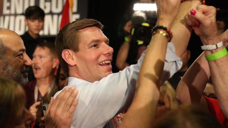 Rep. Eric Swalwell (D-CA), who announced his bid for the 2020 Democratic presidential nomination on April 8, greets people during a gun violence town hall at the BB&T Center on April 09, 2019 in Sunrise, Florida. Rep. Swalwell held the town hall not far from Marjory Stoneman Douglas high school which was the site of a mass shooting in 2018.