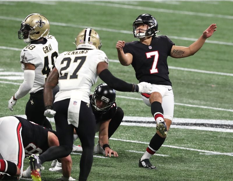 Falcons kicker Younghoe Koo gives the Falcons their first points of the game with a field goal  the first quarter Sunday, Dec. 6, 2020, at Mercedes-Benz Stadium in Atlanta. (Curtis Compton / Curtis.Compton@ajc.com)