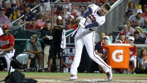 Freddie Freeman of the Atlanta Braves and the National League competes in the first round during the T-Mobile Home Run Derby at Nationals Park on July 16, 2018 in Washington, DC.  (Photo by Rob Carr/Getty Images)