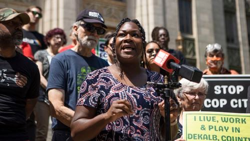 Rev. Keyanna Jones of the faith coalition to stop cop city speaks during the People's Campaign to Stop Cop City’s Press Conference on Wednesday, May 24, 2023, at City Hall in Atlanta. 
CHRISTINA MATACOTTA FOR THE ATLANTA JOURNAL-CONSTITUTION.

