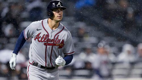 Atlanta Braves' Matt Olson runs the bases after hitting a three-run home run against the New York Mets during the fifth inning of a baseball game Friday, April 28, 2023, in New York. (AP Photo/Bryan Woolston)