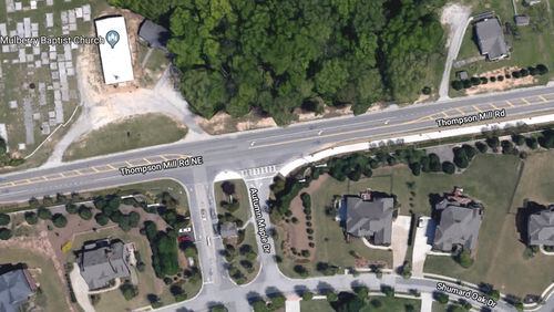 Gwinnett and Braselton will use joint 2017 SPLOST funds to extend the westbound turn lane on Thompson Mill Road at its intersection with Autumn Maple Drive. Google Maps