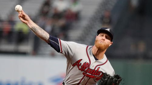 Atlanta Braves starting pitcher Mike Foltynewicz (26) throws against the San Francisco Giants during the first inning of a baseball game in San Francisco, Tuesday, Sept. 11, 2018. (AP Photo/Tony Avelar)