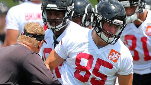 Falcons tight end Eric Saubert runs an agility drill during the first day of mini-camp on Tuesday, June 13, 2017, in Flowery Branch.