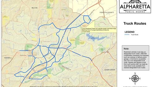 Map depicts the designated routes (in blue) for heavy truck traffic through Alpharetta. CITY OF ALPHARETTA