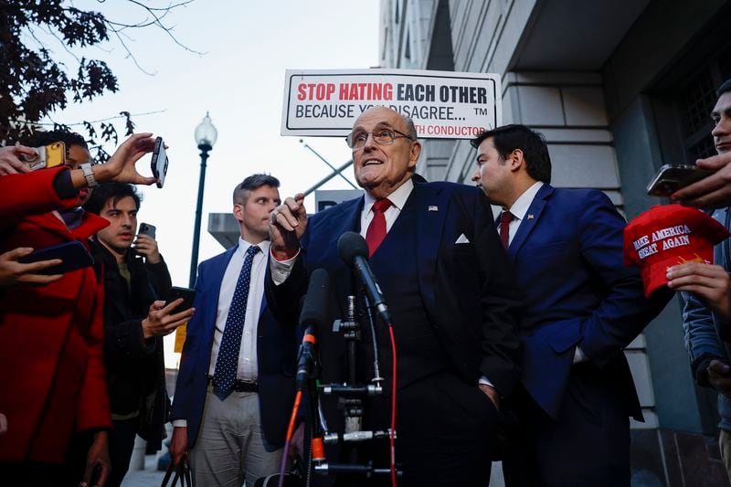 Rudy Giuliani, the former personal lawyer for former President Donald Trump, speaks with reporters outside of the E. Barrett Prettyman U.S. District Courthouse after a verdict was reached in his defamation jury trial on Friday, Dec. 15, 2023, in Washington, D.C. A jury has ordered Giuliani to pay $148 million in damages to Fulton County election workers Ruby Freeman and Shaye Moss. (Anna Moneymaker/Getty Images/TNS)