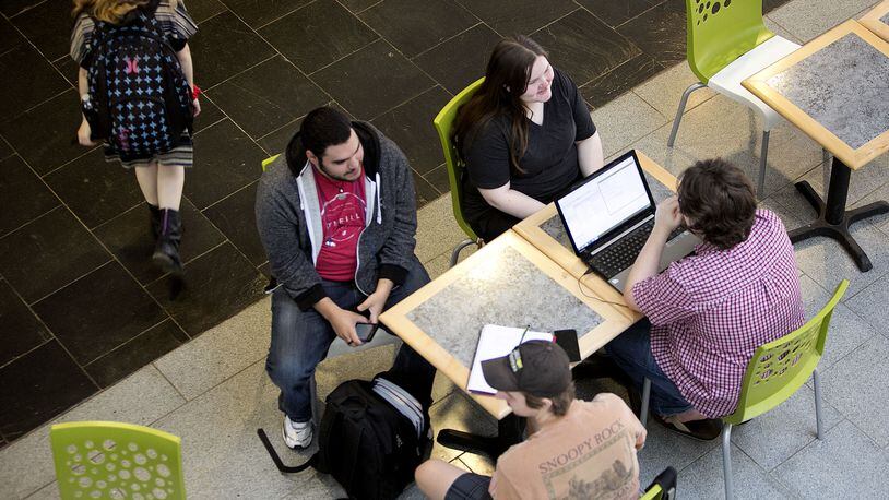 Students study in the Atrium Building on the Kennesaw State University Marietta Campus.