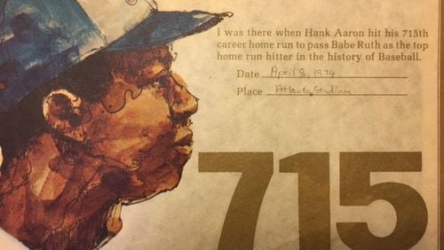 A memento from Bill Rankin attending the game in which Hank Aaron hit his 715th home run to break Babe Ruth's record.