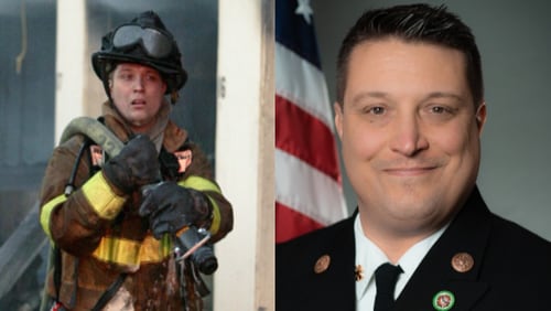 Chris Coons, left, hauls hose as an Atlanta firefighter in a 2004 file photo. On the right he poses for a more recent picture. The 46-year-old Lawrenceville native was named the new fire chief of the Johns Creek Fire Department on Wednesday, June 5, 2019.