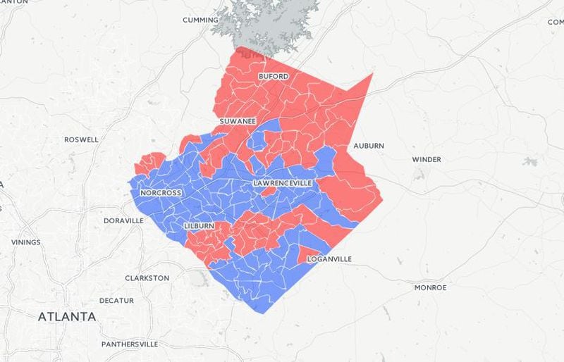 A map showing how each Gwinnett County precinct voted in Tuesday's presidential election.