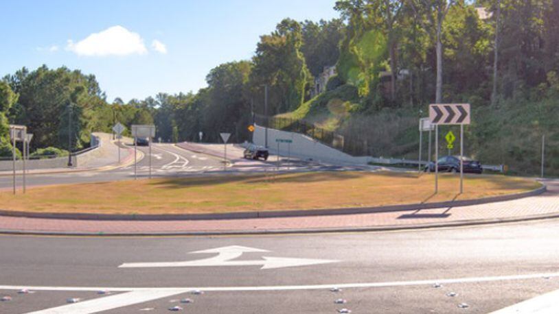 The South Barrett Reliever roundabout, shown here, is among the Cobb transportation designs receiving state awards in November. Other projects were the Concord Road Covered Bridge rehabilitation and Interstate North Parkway and Interstate North Circle roadway and pedestrian improvements. Courtesy of Town Center Community Improvement District